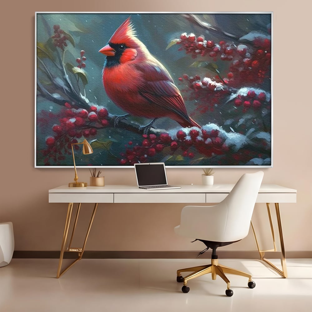 Tablou canvas cu tablou canvas cu pasare cardinal pe ramura inzapezita, in rama de aluminiu argintiu, pe perete intr-un birou